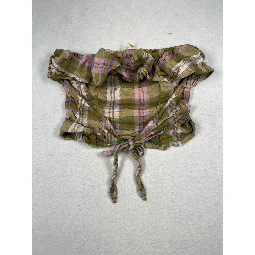 Free People Whitley Top L Women Casual Plaid Strapless Ruffle Blouse‎